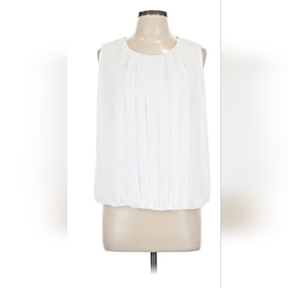 Calvin Klein White Sleeveless Balloon Pleated Buttonloop Close Women's Top Small